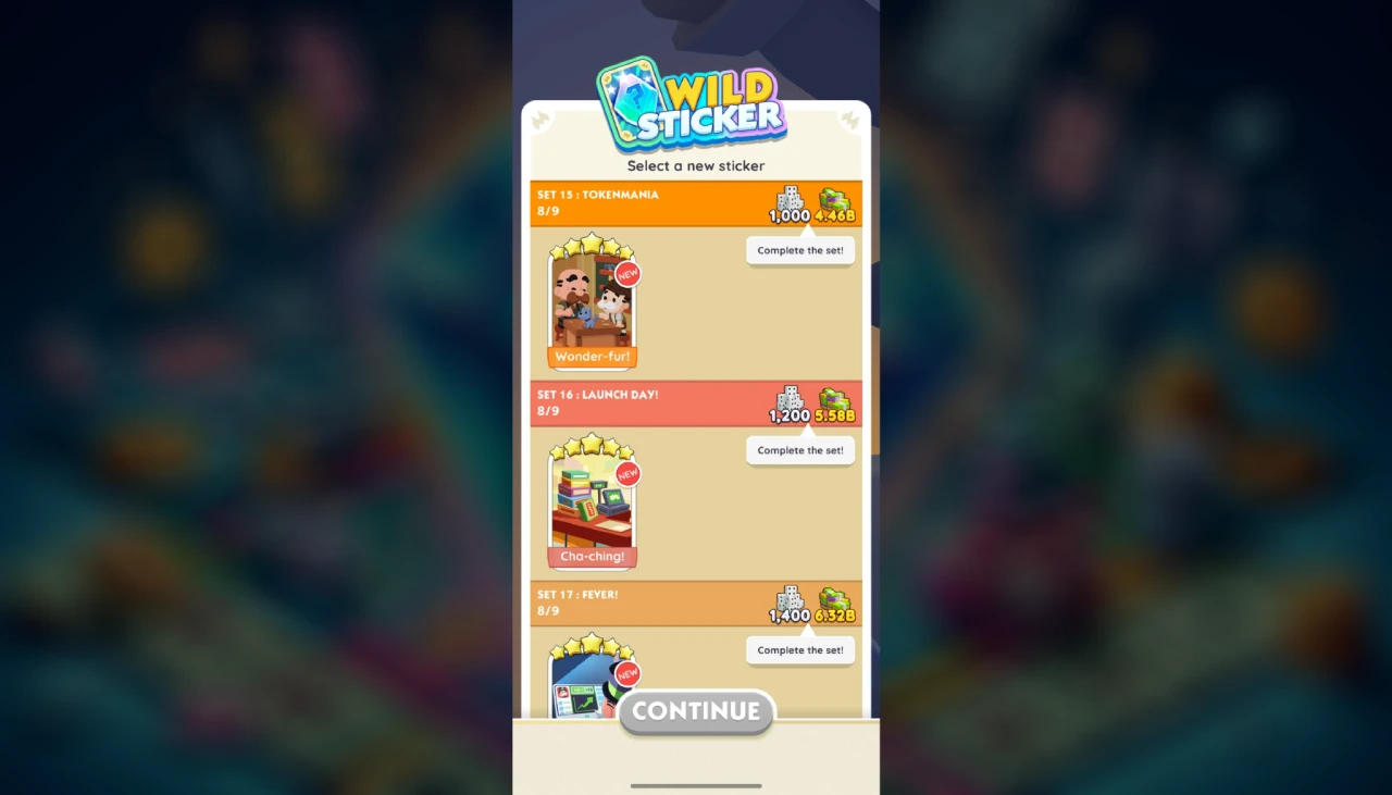 Choosing missing sticker with Wild Sticker in Monopoly GO (Screenshot)