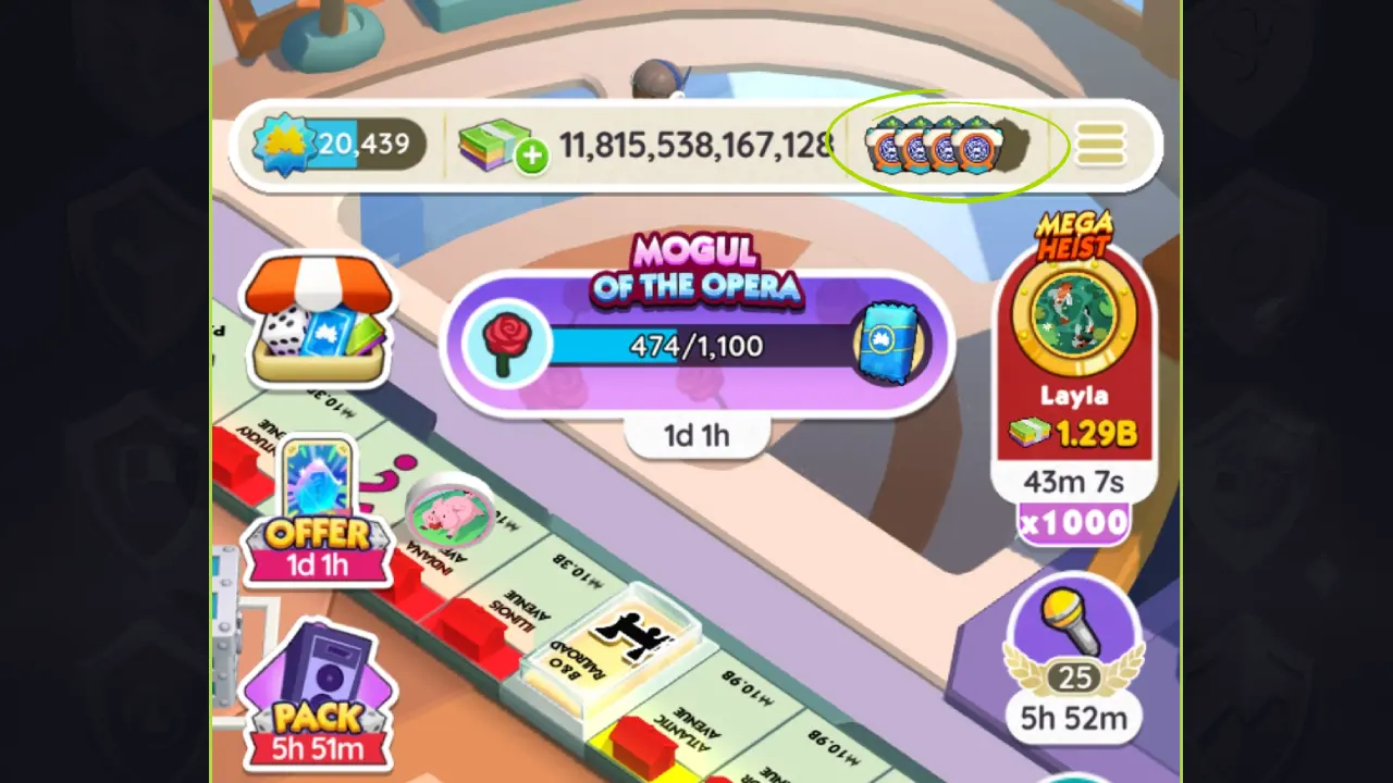 Screenshot of five Shields in MONOPOLY GO