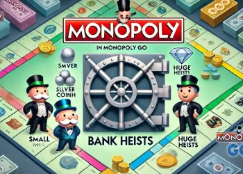 Illustration of Bank Heists in MONOPOLY GO. The image features a vault door with symbols like silver coins, stacks of cash, and diamond rings representing Small, Large, and Huge Heists.