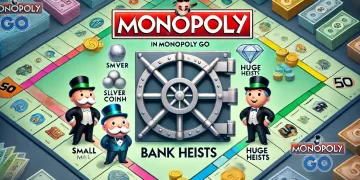 Illustration of Bank Heists in MONOPOLY GO. The image features a vault door with symbols like silver coins, stacks of cash, and diamond rings representing Small, Large, and Huge Heists.