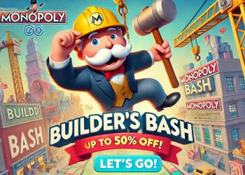 Mr. Monopoly with a construction helmet and hammer, swinging from a crane with "Builder's Bash" banner, construction elements, and "Let's Go!" button.