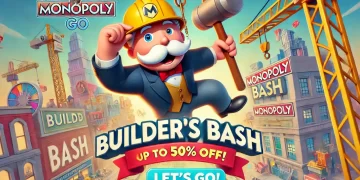 Mr. Monopoly with a construction helmet and hammer, swinging from a crane with "Builder's Bash" banner, construction elements, and "Let's Go!" button.