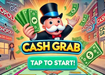 Mr. Monopoly holding cash with "Cash Grab" banner, flying money bills, and "Tap to Start!" text.