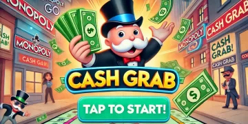 Mr. Monopoly holding cash with "Cash Grab" banner, flying money bills, and "Tap to Start!" text.