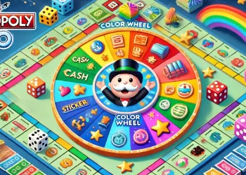 Illustration of the Color Wheel in MONOPOLY GO. The image features a colorful wheel with various rewards such as cash, sticker packs, and dice, with Mr. Monopoly at the center. The background shows a vibrant game board with the MONOPOLY GO logo prominently displayed.