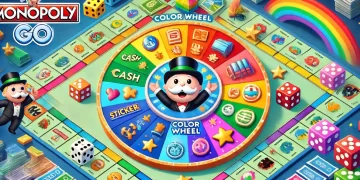 Illustration of the Color Wheel in MONOPOLY GO. The image features a colorful wheel with various rewards such as cash, sticker packs, and dice, with Mr. Monopoly at the center. The background shows a vibrant game board with the MONOPOLY GO logo prominently displayed.