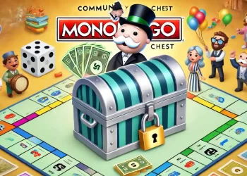Illustration of a Community Chest in MONOPOLY GO. The image features a silver and blue chest with a lock, colorful cash bundles, including Mr. Monopoly, standing on a vibrant game board with dice and the MONOPOLY GO logo prominently displayed in the background.
