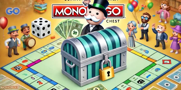 Illustration of a Community Chest in MONOPOLY GO. The image features a silver and blue chest with a lock, colorful cash bundles, including Mr. Monopoly, standing on a vibrant game board with dice and the MONOPOLY GO logo prominently displayed in the background.