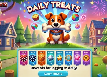 Playful dog holding a bone with "Daily Treats" text and daily login rewards displayed below. Illustration of MONOPOLY GO daily treats feature.