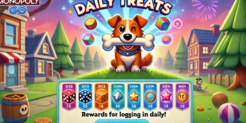 Playful dog holding a bone with "Daily Treats" text and daily login rewards displayed below. Illustration of MONOPOLY GO daily treats feature.