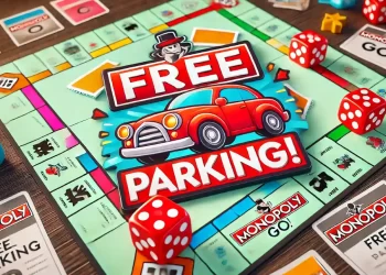 Free Parking banner with a red car icon, game board background, and two large dice on the sides.
