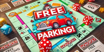 Free Parking banner with a red car icon, game board background, and two large dice on the sides.