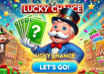 Mr. Monopoly holding cards with question marks, "Lucky Chance" text, confetti, and a "Let's Go!" button.