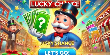 Mr. Monopoly holding cards with question marks, "Lucky Chance" text, confetti, and a "Let's Go!" button.