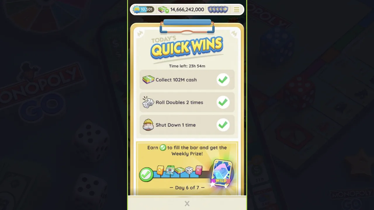 Screenshot of Quick Wins Tasks and Rewards in MONOPOLY GO