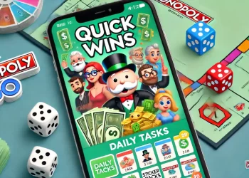 Illustration of the Quick Wins feature in MONOPOLY GO. The image shows elements like cash, dice, sticker packs, and icons representing daily tasks. Friendly cartoon characters from the game, including Mr. Monopoly, are featured with a vibrant game board background. The MONOPOLY GO logo and the text "Quick Wins" are prominently displayed.