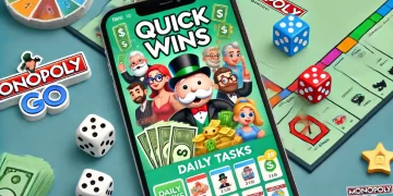 Illustration of the Quick Wins feature in MONOPOLY GO. The image shows elements like cash, dice, sticker packs, and icons representing daily tasks. Friendly cartoon characters from the game, including Mr. Monopoly, are featured with a vibrant game board background. The MONOPOLY GO logo and the text "Quick Wins" are prominently displayed.