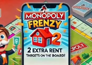 Mr. Monopoly with a red house icon, "Rent Frenzy" banner, game board background, and "2 extra rent targets on the board!" text.