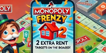 Mr. Monopoly with a red house icon, "Rent Frenzy" banner, game board background, and "2 extra rent targets on the board!" text.