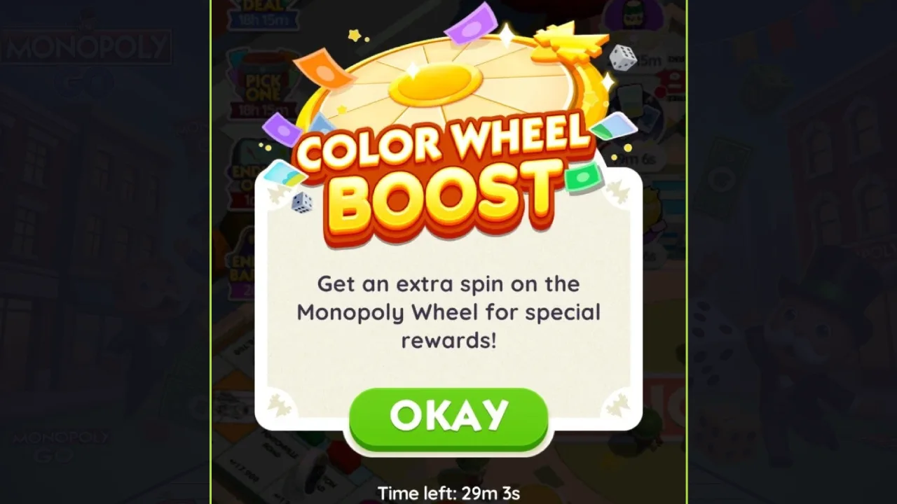 Screenshot of Color Wheel Boost event in MONOPOLY GO