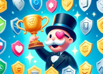 Mr. Monopoly holding a golden trophy, surrounded by various colorful shield icons.