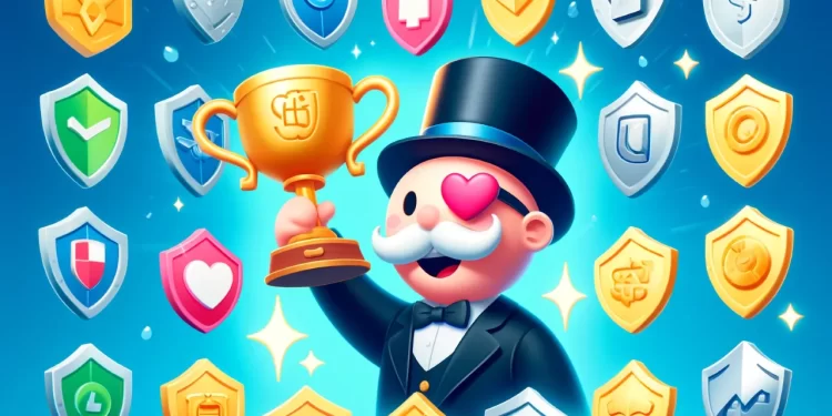 Mr. Monopoly holding a golden trophy, surrounded by various colorful shield icons.