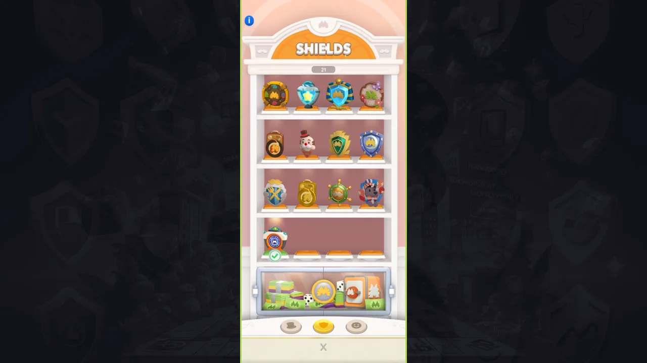 Screenshot of collection of shields in showroom in MONOPOLY GO