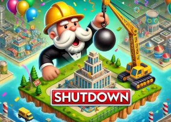 Cartoon construction worker with crane and wrecking ball, hitting a building, with "Shutdown" text and confetti in MONOPOLY GO style.