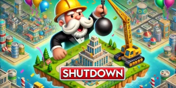 Cartoon construction worker with crane and wrecking ball, hitting a building, with "Shutdown" text and confetti in MONOPOLY GO style.