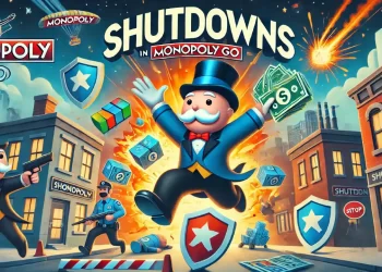Illustration of Shutdowns in MONOPOLY GO. The image features a dynamic scene of a property being attacked, with Mr. Monopoly and other characters in action.
