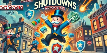 Illustration of Shutdowns in MONOPOLY GO. The image features a dynamic scene of a property being attacked, with Mr. Monopoly and other characters in action.