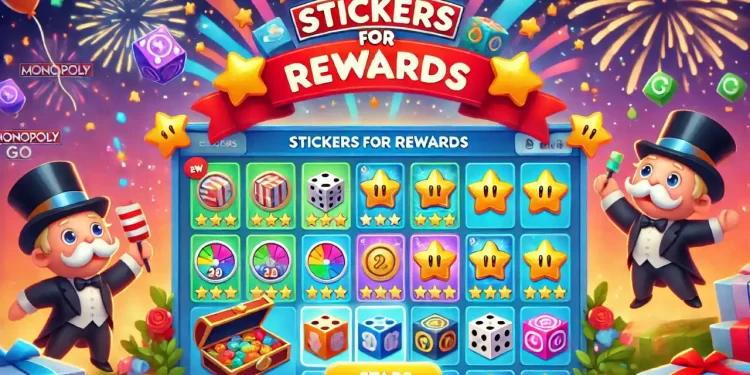 Mr. Monopoly with a banner "Stickers for Rewards," showing stars and various rewards in MONOPOLY GO.