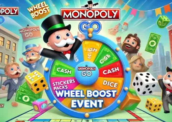 Illustration of the Wheel Boost event in MONOPOLY GO. The image features a colorful wheel with various rewards like cash, sticker packs, and dice, along with friendly cartoon characters such as Mr. Monopoly. The background shows a vibrant game board with the MONOPOLY GO logo and the text "Wheel Boost Event" prominently displayed.