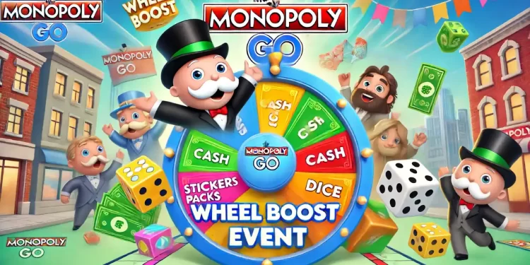 Illustration of the Wheel Boost event in MONOPOLY GO. The image features a colorful wheel with various rewards like cash, sticker packs, and dice, along with friendly cartoon characters such as Mr. Monopoly. The background shows a vibrant game board with the MONOPOLY GO logo and the text "Wheel Boost Event" prominently displayed.