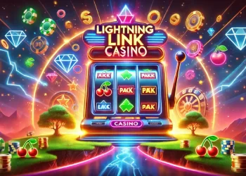 Glowing Lightning Link Casino slot machine with vibrant icons like coins, cherries, and diamonds in an exciting virtual gaming scene.