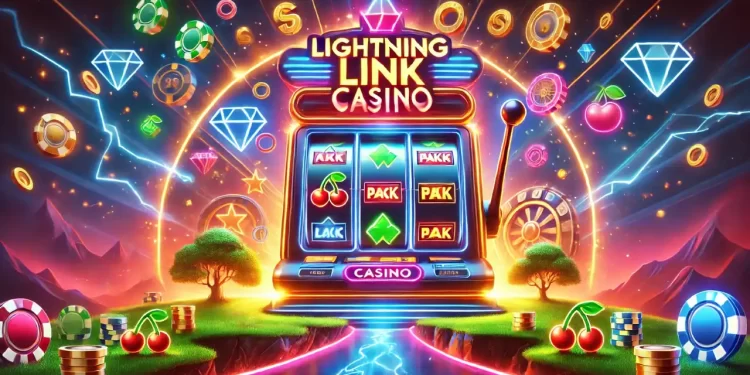 Glowing Lightning Link Casino slot machine with vibrant icons like coins, cherries, and diamonds in an exciting virtual gaming scene.