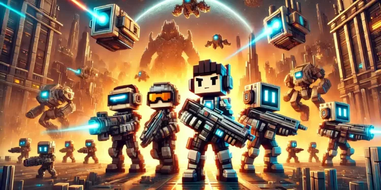 Blocky pixel-art characters with futuristic weapons in a dramatic sci-fi setting, inspired by Pixel Gun 3D's dynamic gameplay.