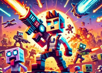 Pixel-art characters leading a charge with futuristic weapons, explosions, and zombies, celebrating the launch of Pixel Gun 3D.