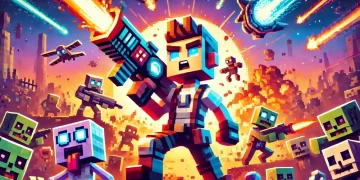 Pixel-art characters leading a charge with futuristic weapons, explosions, and zombies, celebrating the launch of Pixel Gun 3D.