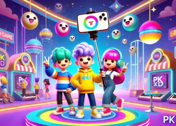 Vibrant PK XD virtual world with playful characters, customized homes, pets, and vehicles in a colorful and futuristic environment.