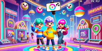 Vibrant PK XD virtual world with playful characters, customized homes, pets, and vehicles in a colorful and futuristic environment.