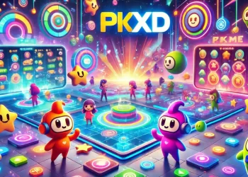 Vibrant PK XD characters in a colorful game world with activities like social sharing and minigames.