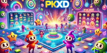 Vibrant PK XD characters in a colorful game world with activities like social sharing and minigames.