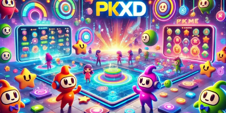 Vibrant PK XD characters in a colorful game world with activities like social sharing and minigames.