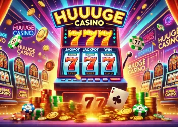 A glowing Huuuge Casino slot machine with jackpot sevens (777), casino lights, gold coins, and poker chips in a vibrant setting.