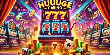 A glowing Huuuge Casino slot machine with jackpot sevens (777), casino lights, gold coins, and poker chips in a vibrant setting.