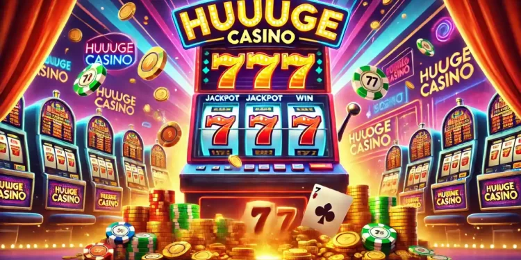 A glowing Huuuge Casino slot machine with jackpot sevens (777), casino lights, gold coins, and poker chips in a vibrant setting.