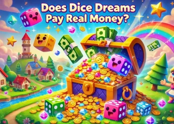 Colorful cartoon image showing a treasure chest overflowing with coins and cash, Dice Dreams characters, flying dice, and a rainbow sky.