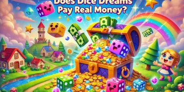 Colorful cartoon image showing a treasure chest overflowing with coins and cash, Dice Dreams characters, flying dice, and a rainbow sky.